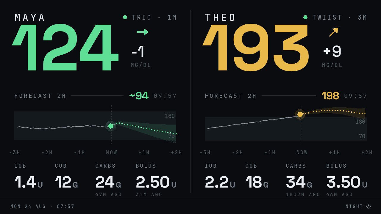 The GlucoCube display showing two people's glucose, trend, forecast and treatments side by side.